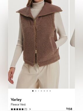 Varley Brown Sherpa Zip Vest with Ribbed Collar